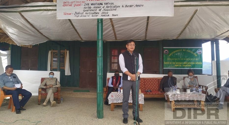 Advisor, Horticulture and Border Affairs, Mhathung Yanthan speaks during the inauguration of the District Horticulture Office (DHO) in Noklak on July 22. (DIPR Photo)